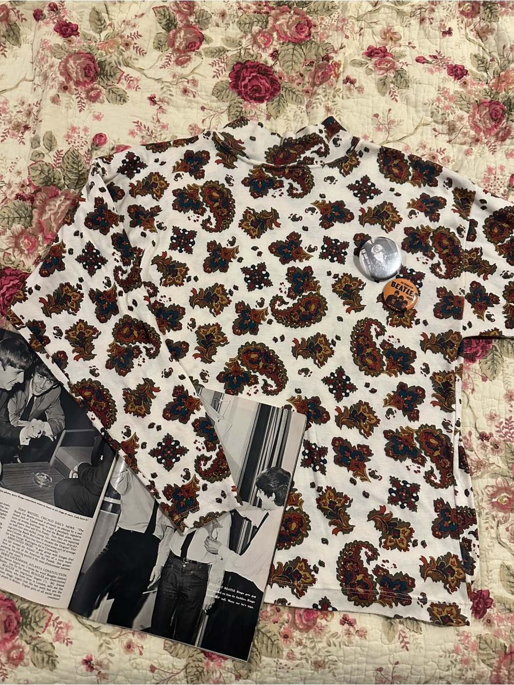 Vintage 90s Ashleigh Morgan Paisley Mock Neck Top Retro Cotton Poly Sz Large